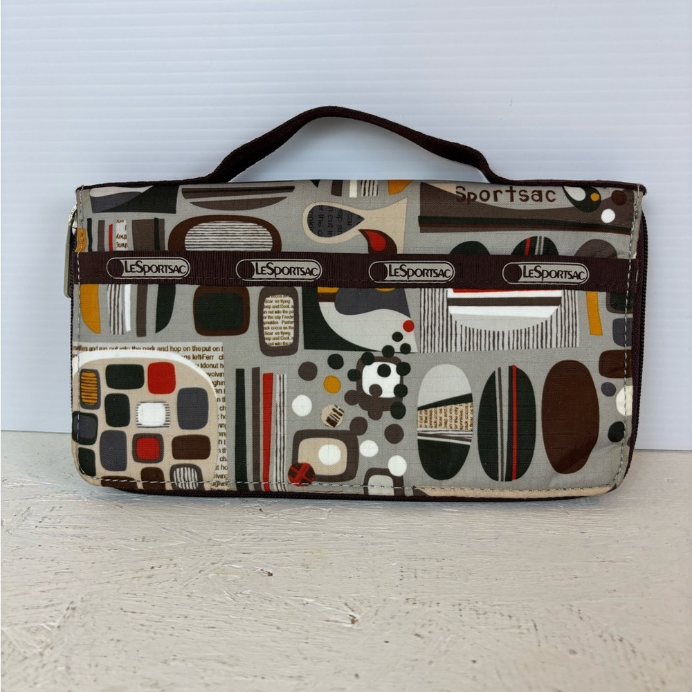 LeSportsac Brown Nylon Wallet Travel Wallet with Handle Geometric Zip Around 9"